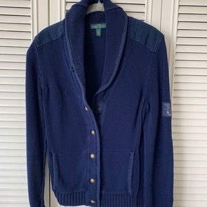 RL navy snap cardigan. Patch elbows & shoulders